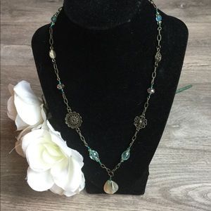 Antique Brass Necklace, Turquoise & Abalone Beads